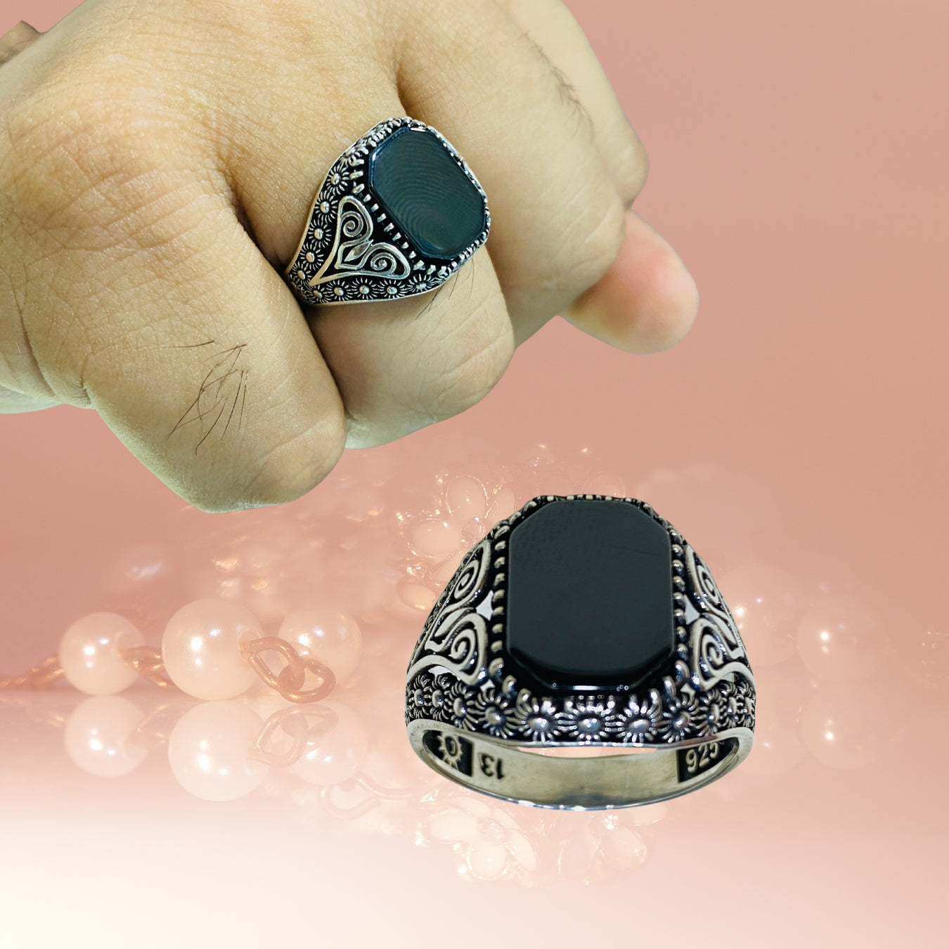 925 Sterling Silver Italian Ring with Bold Black Stone – Timeless Elegance