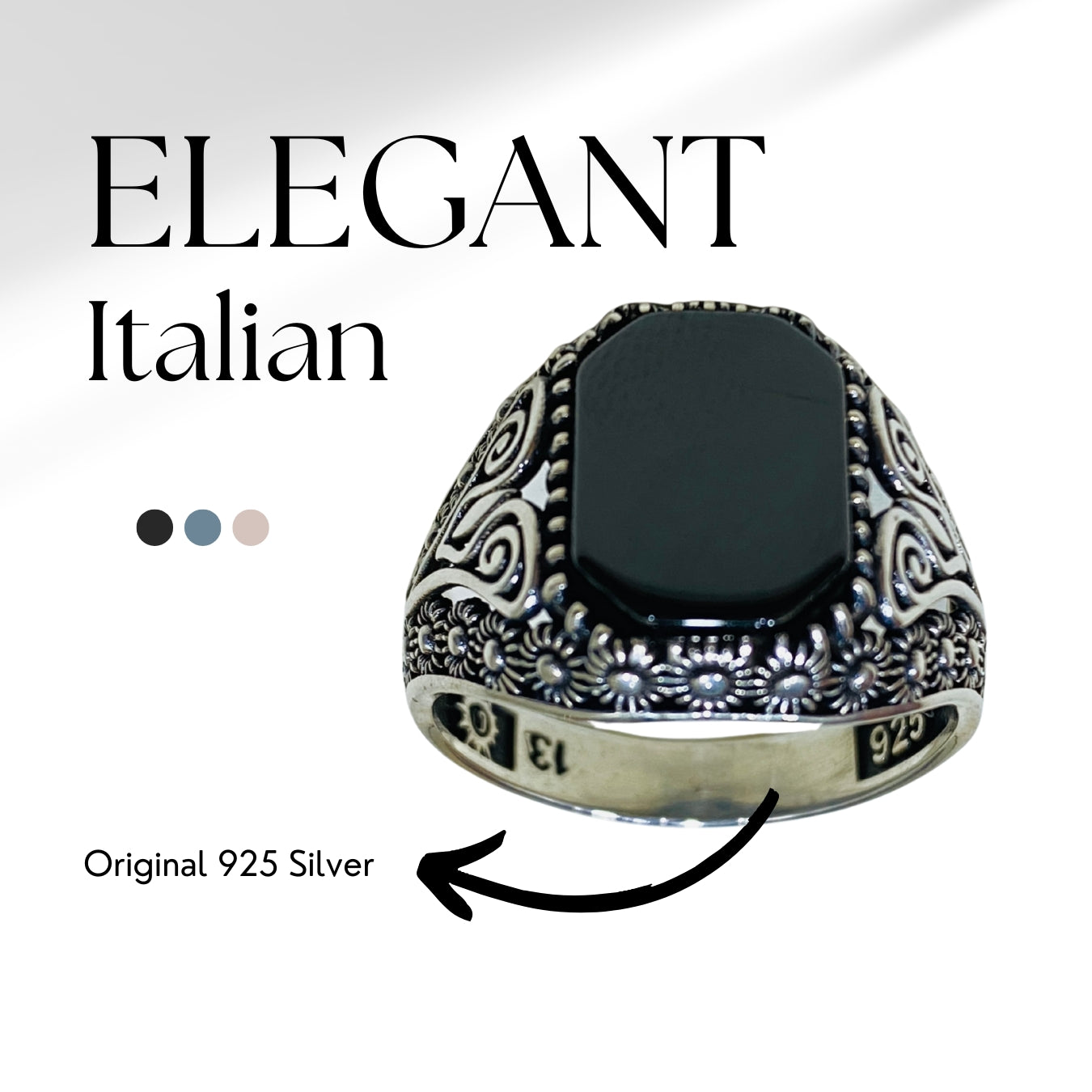 925 Sterling Silver Italian Ring with Bold Black Stone – Timeless Elegance